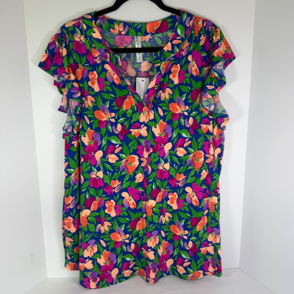 Dear Scarlett Lizzy Vibrant Floral All Over Print Flutter Sleeve Top 3X Feminine